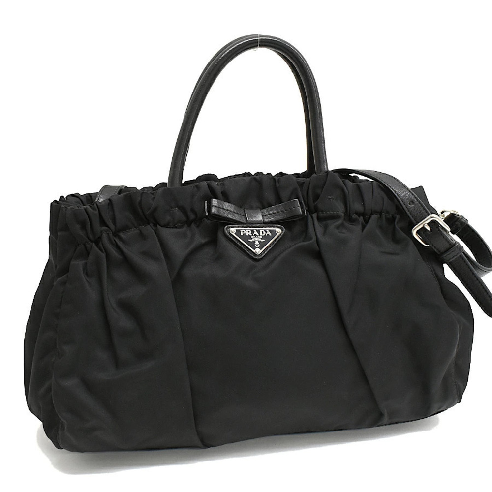 Prada Ribbon Gathered Handbag Black Triangle Plate